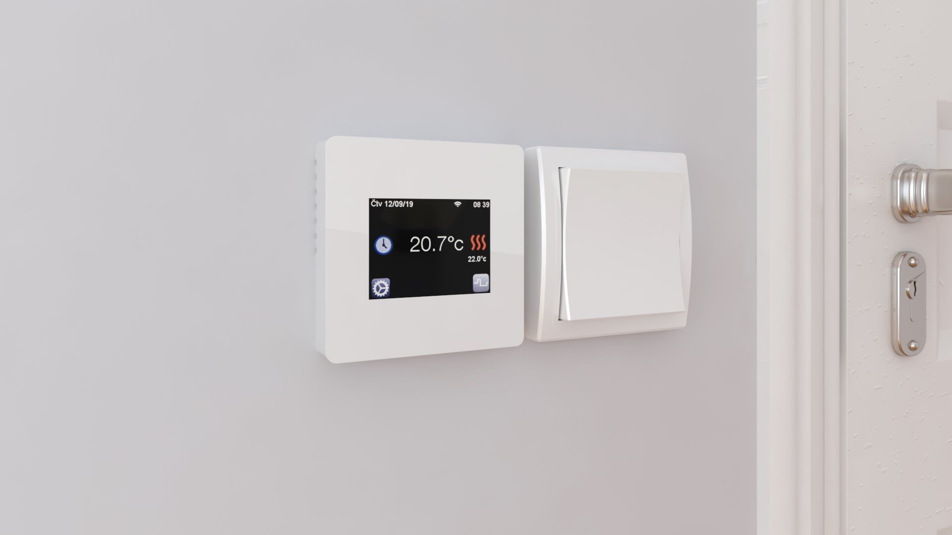 A flexel touch wifi thermostat on a light grey wall