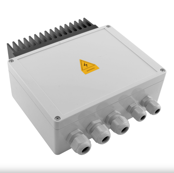 Electrical 6.5 kW reciever with warning label on a white background