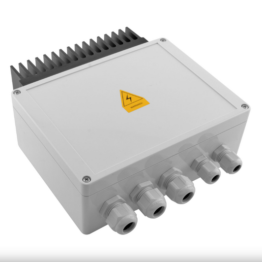 Electrical 6.5 kW reciever with warning label on a white background