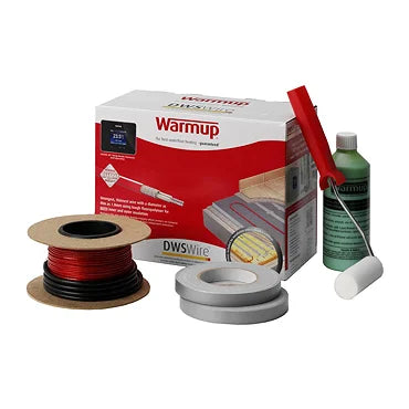 Warmup brand heating cable kit with packaging, cable, and tools on a white background