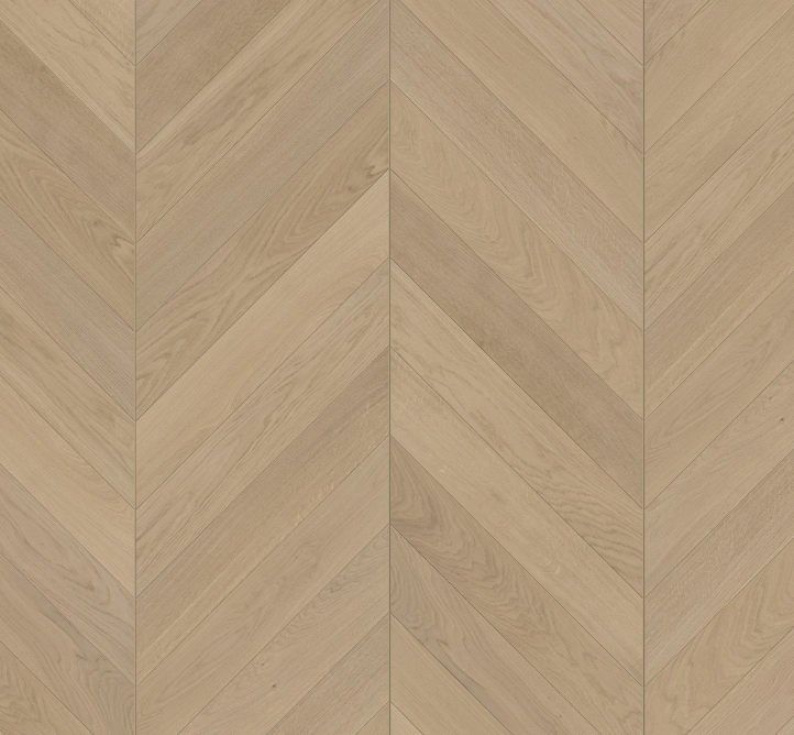 Wooden floor with a chevron pattern in a warm brown color.
