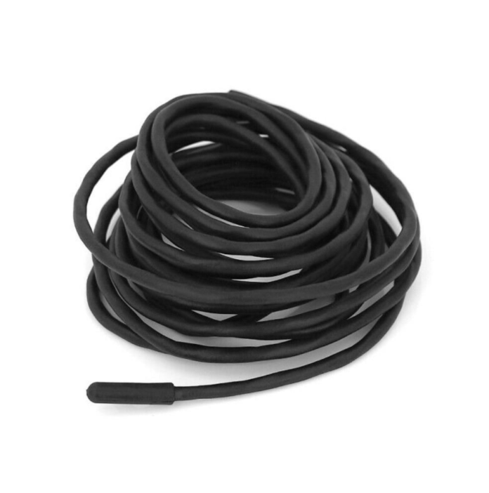 Coiled black cable on a white background- product phot of floor probe from warmup