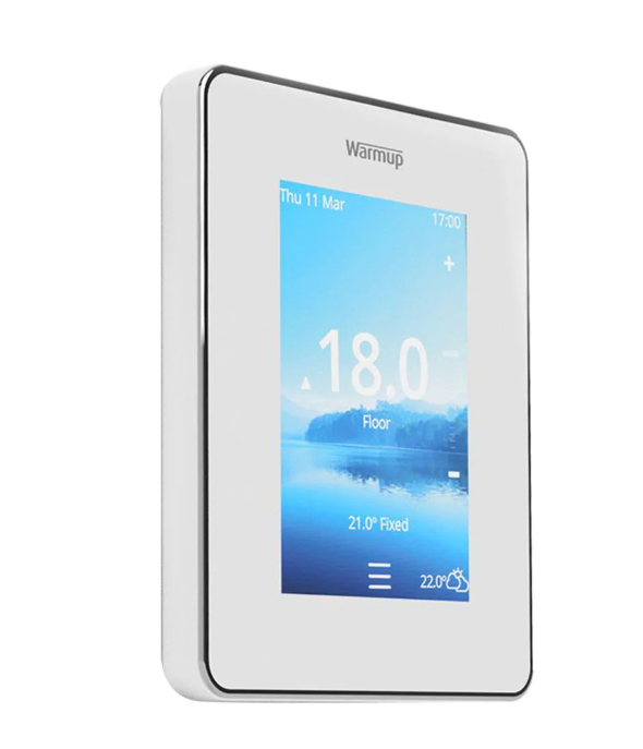 Digital thermostat with a screen displaying temperature settings on a white background