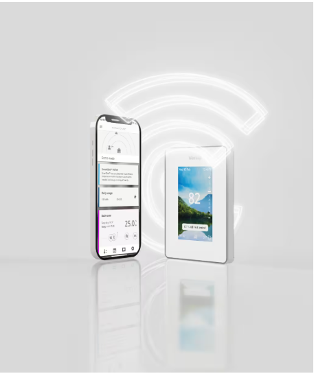 Smart home device with smartphone app on a light gray background