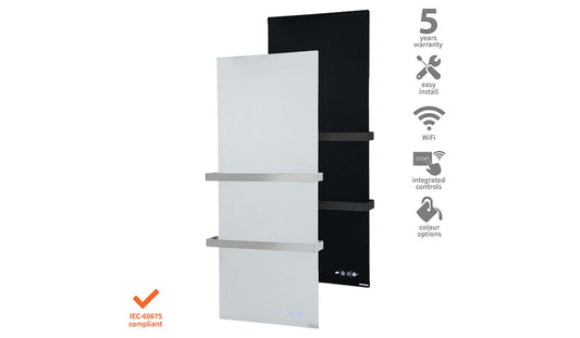 A Herschel infrared towel heater with integrated controls, featuring a white front emitting surface, chrome towel rails, and a black rear case. The product image includes icons indicating WiFi and touchscreen capabilities.