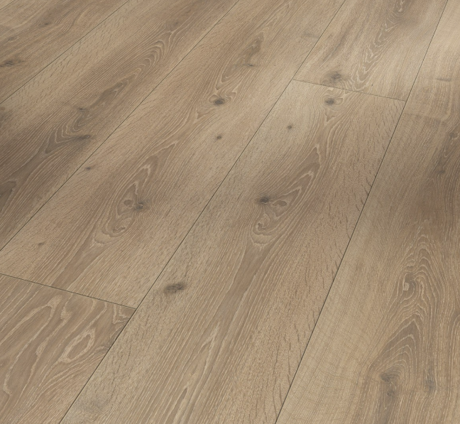 Close-up of the brushed texture on Parador Oak Castell Limed Trendtime 6 laminate flooring.