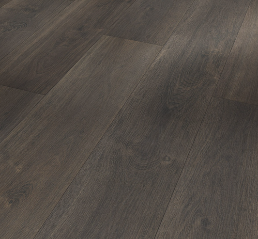 Close-up of the brushed texture on the Oak Castell Smoked plank, showing the realistic sandblasted effect and matte finish.
