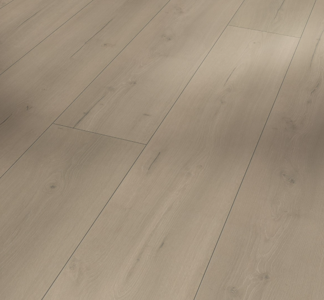 Extra-long château plank format of Parador Trendtime 6 Oak loft grey laminate flooring.
