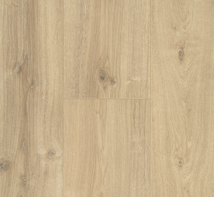 Trendtime 6 premium laminate Oak Nova light limed beige wood-patterned flooring with a rectangular inset showing texture details.