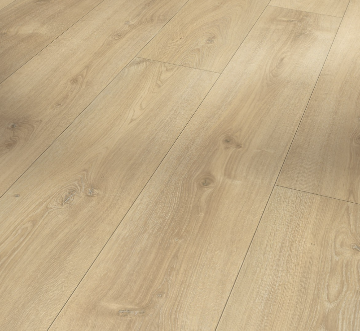 Side view of Trendtime 6 premium laminate wooden floor with a natural finish showing wide planks.