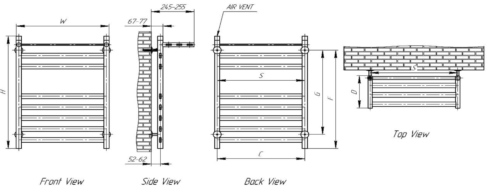 Technical drawing of a radiator with front, side, and top views showing dimensions.