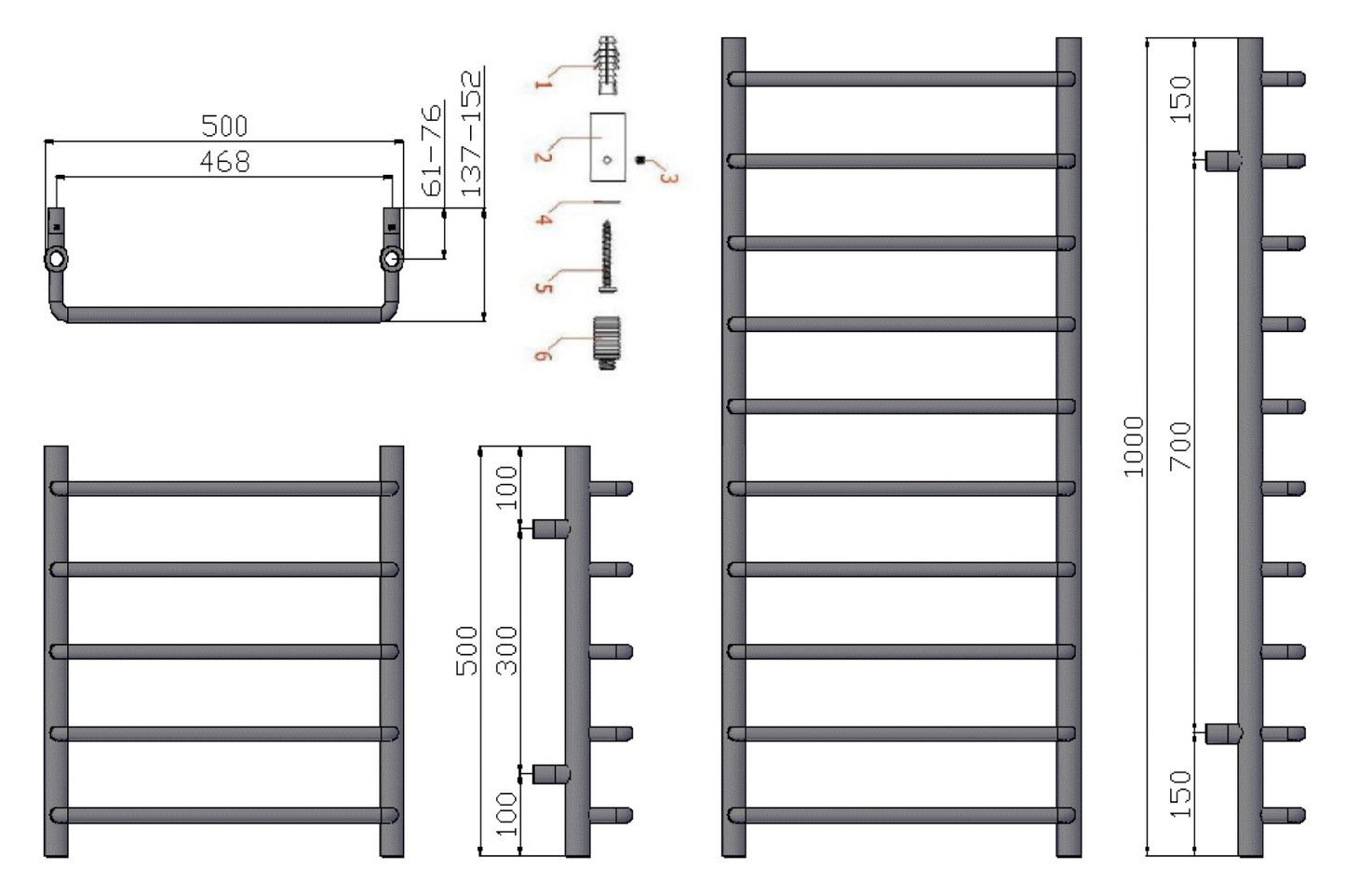 Towel radiator with dimensions and specifications on a white background