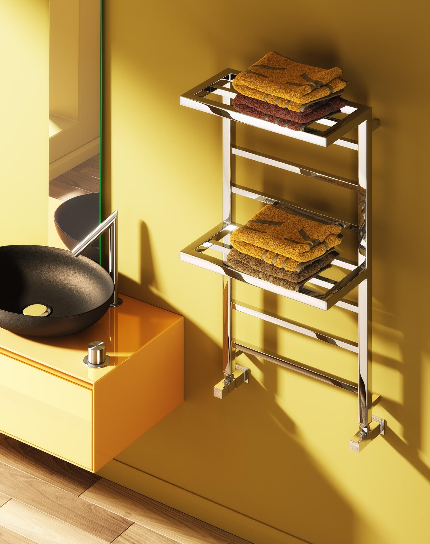 Bathroom with a towel rack holding towels against a yellow wall.