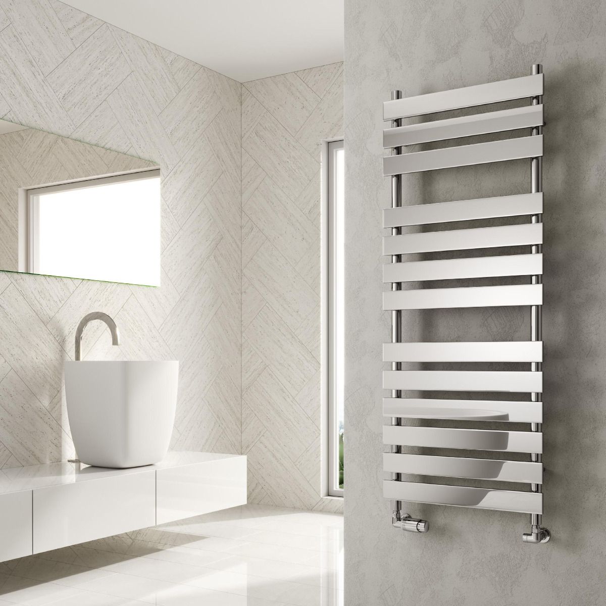 Modern bathroom with a silver towel radiator mounted on a gray wall.