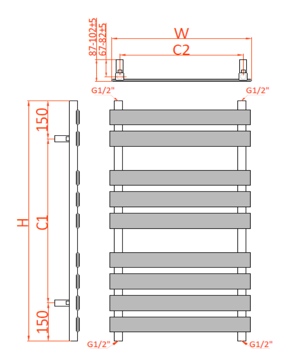 Technical drawing of a radiator with dimensions labeled