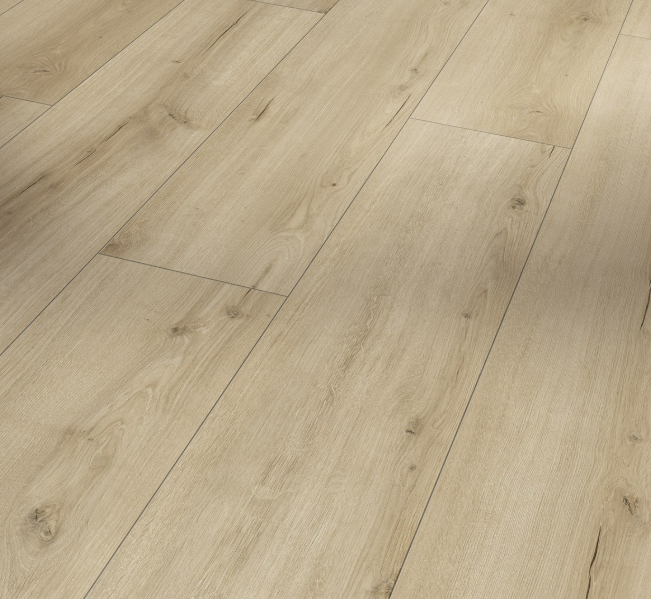 Extra-long château plank format of Parador Trendtime 6 laminate flooring showing light colour laminate flooring