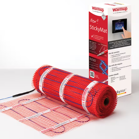 Warmup StickyMat electric underfloor heating mat with pre-spaced heating cable and branded packaging, designed for fast installation beneath tiled floors