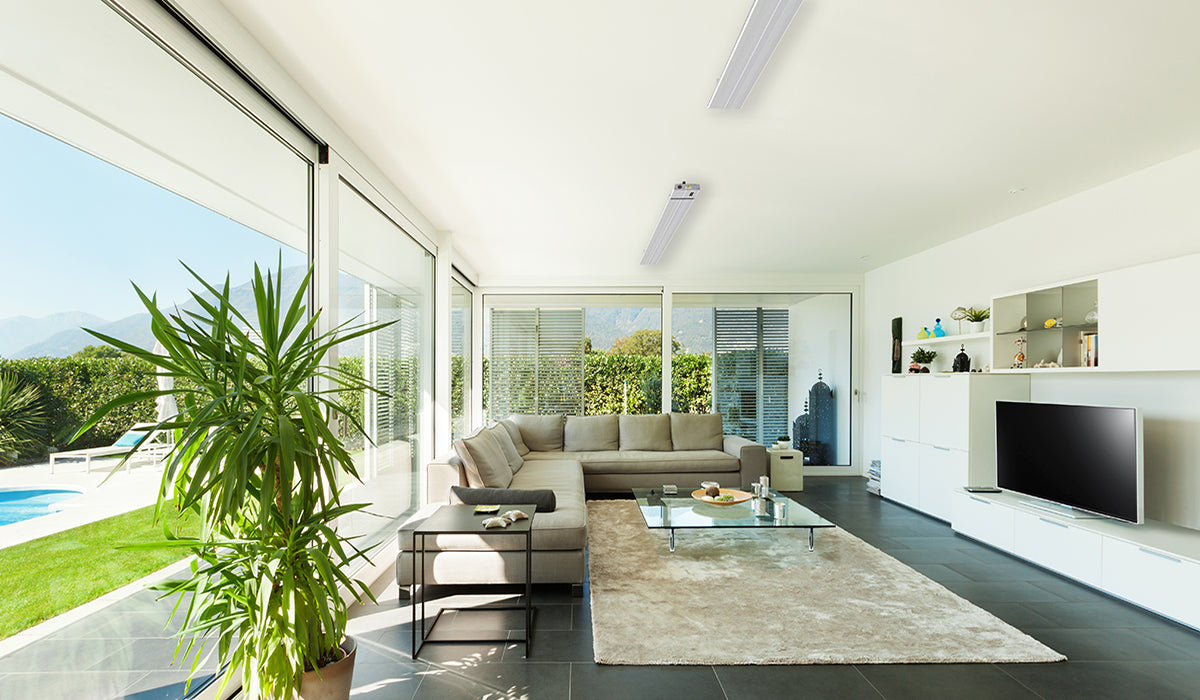 Conservatory corner sofa, tv and two summit heaters fitted on the ceiling